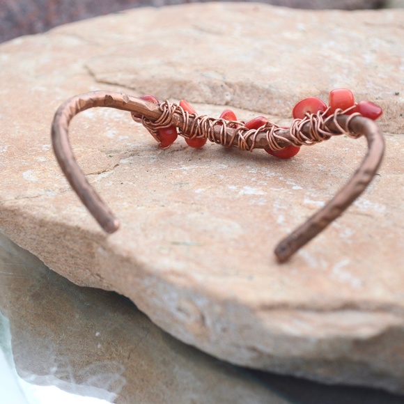 Red Coral Copper Wire Wrapped Solid Cuff Bracelet Handmade Boho  Gift Hippie - Picture 6 of 7